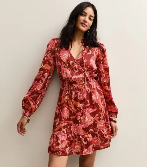 Women's Red Paisley Long Sleeve Mini Dress