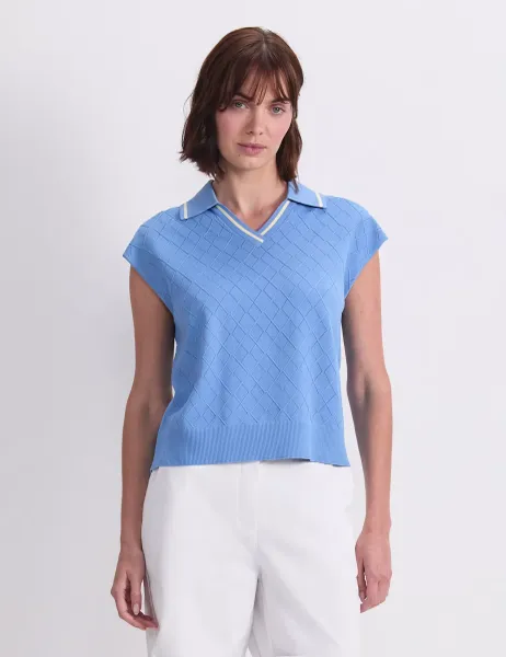 Knitted Argyle Textured Polo Shirt Blue