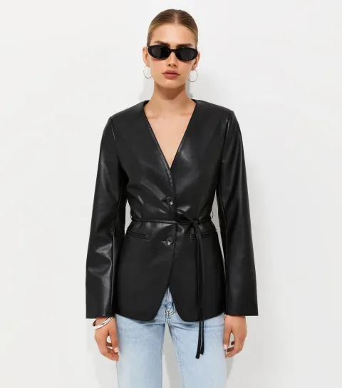 Women's Black Faux Leather Collarless Tie Waist Blazer
