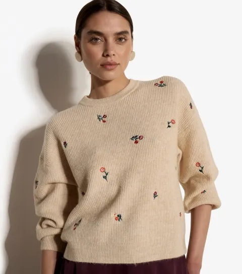 Apricot Women's Stone Floral Embroidered Ribbed Knit Jumper