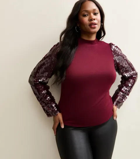 Women's Plus Size Dark Burgundy Soft Touch Sequin Sleeve Top Curves