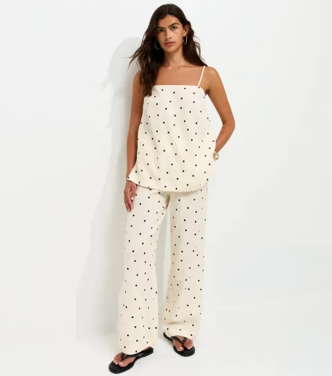Women's White Linen Rich Spot Print Wide Leg Trousers