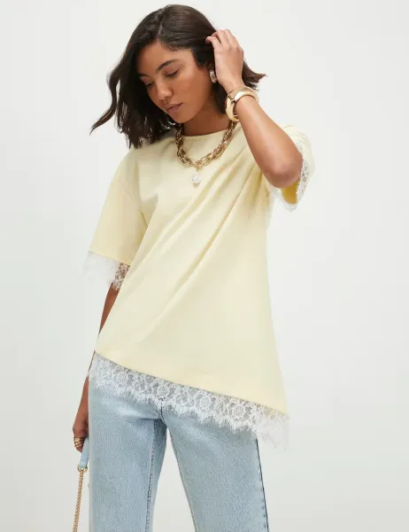 River Island Lace Trim Asymmetrical T-Shirt Yellow