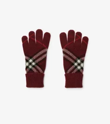 Check Cashmere Blend Gloves in Oxblood red