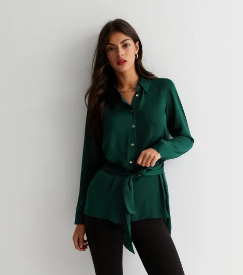 New Look Women's Dark Green Satin Belted Long Shirt