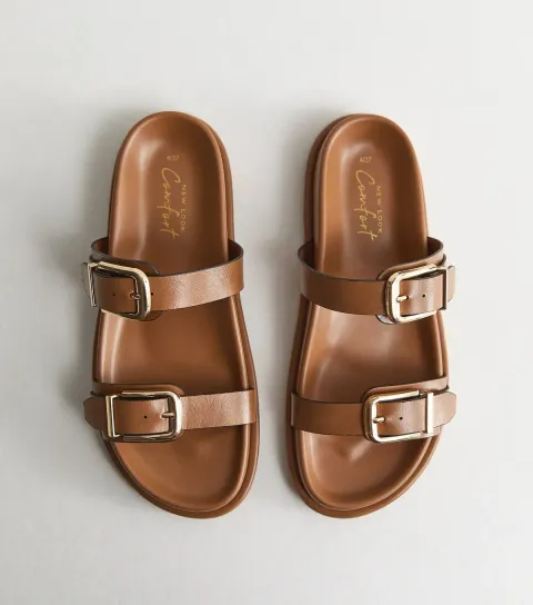Women's Tan Faux Leather Buckled Strap Sandals Vegan