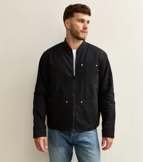 Men's Black Regular Patch Pocket Long Sleeve Canvas Jacket