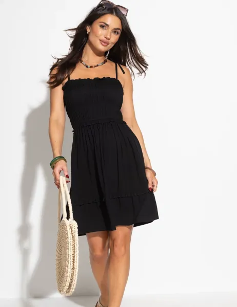 Pour Moi Mia Frill Detail Shirred Beach Dress Black