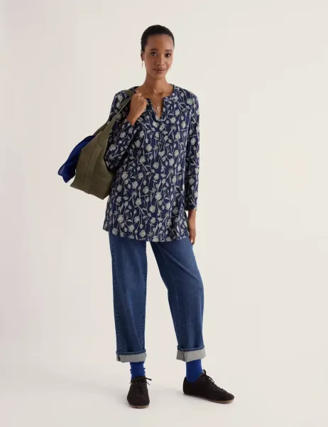Seasalt Cornwall Pure Cotton Floral Notch Neck Tunic Navy Mix
