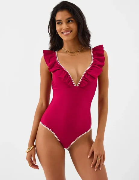 Accessorize Padded Frill V-Neck Swimsuit Red