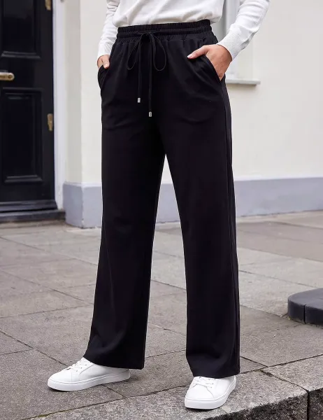 Roman Petite Ponte Drawstring Wide Leg Trousers Black