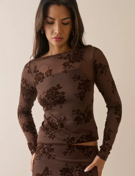 Nobody's Child Slash Neck Floral Devoré Top Brown