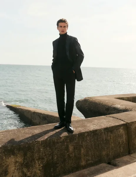 Jaeger Tailored Fit Pure Wool Tuxedo Trousers Black