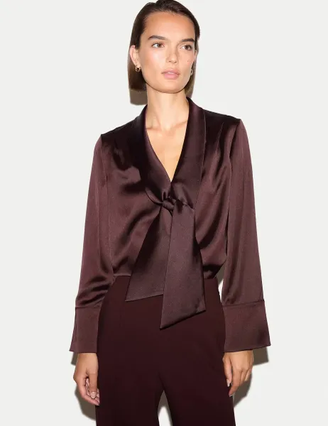 Jigsaw Satin V-Neck Tie Detail Relaxed Blouse Burgundy