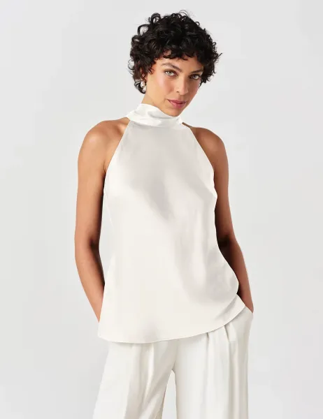 Ghost Satin High Neck Top Ivory