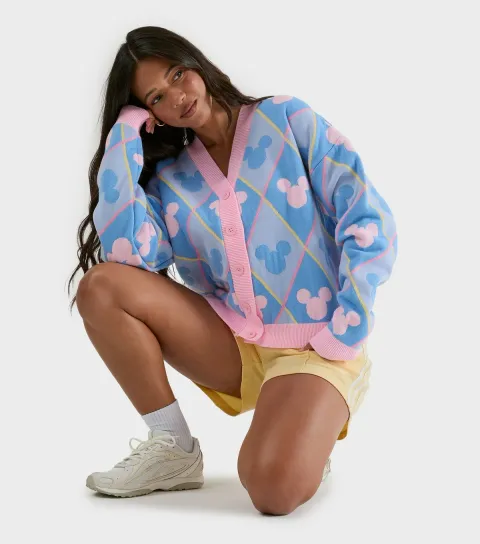Women's Light Blue Disney Mickey Mouse Pattern Cardigan