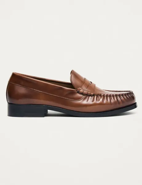 Leather Block Heel Loafers Brown