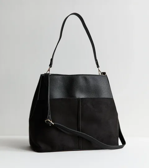Black Grained Faux Leather and Faux Suede Bag