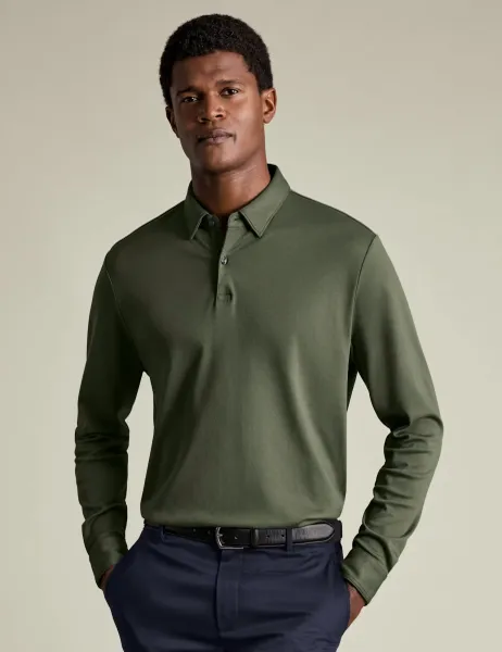 Charles Tyrwhitt Pure Cotton Jersey Long Sleeve Polo Shirt Olive