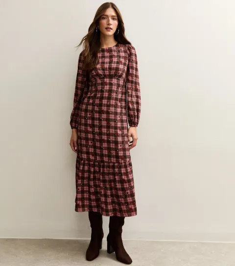 Women's Red Crepe Check Pattern Floral Print Midi Dress