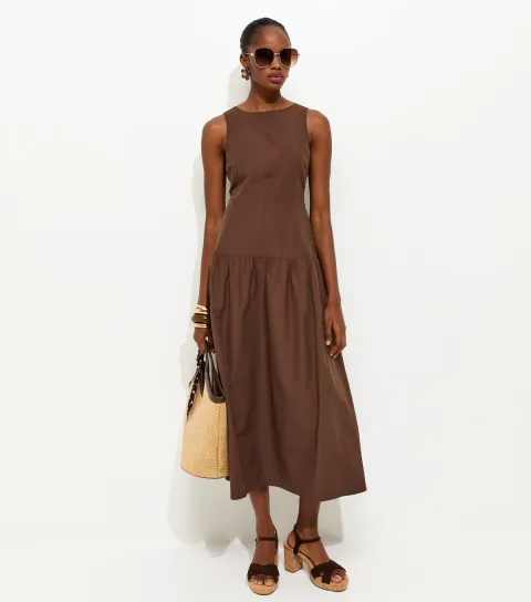 Women's Brown Dropped Waist Midi Dress