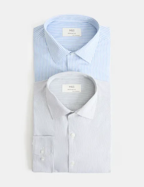 Marks & Spencer 2 Pack Regular Fit Easy Iron Striped Shirts Blue Mix