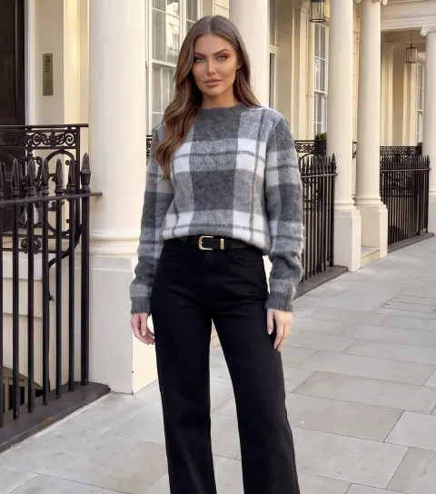 AX Paris Women's Grey Checked Brushed Knit Jumper