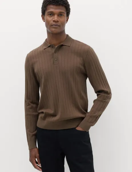 Marks & Spencer Cotton Blend Smart Rib Knit Polo Shirt Espresso