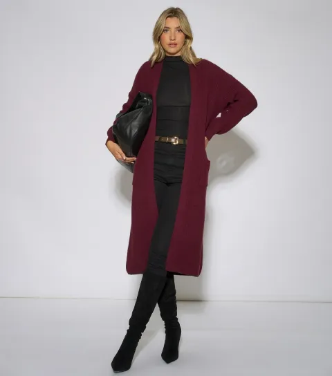 Gini London Women's Dark Red Longline Ribbed Knit Cardigan
