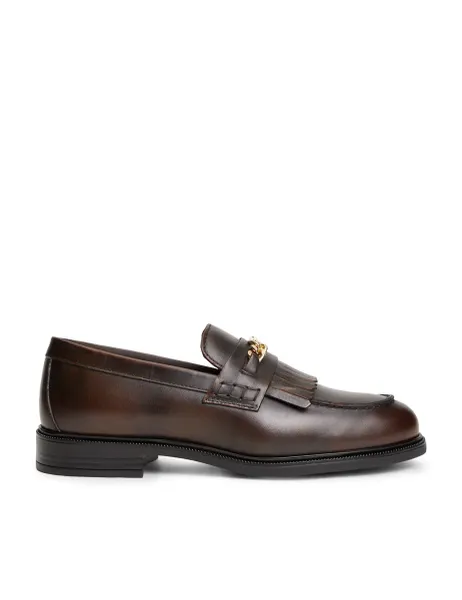 Tommy Hilfiger Leather Chain Detail Fringe Flat Loafers Dark Brown