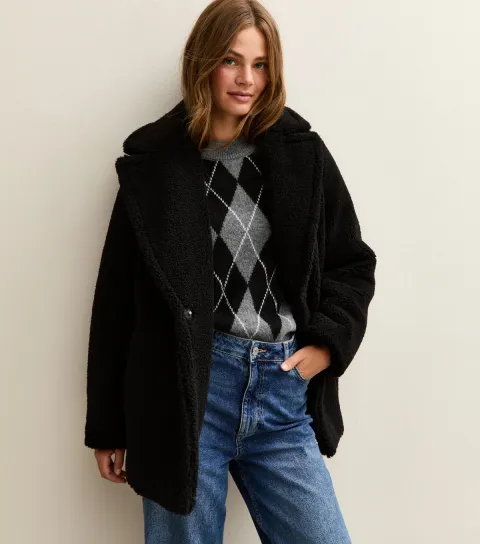 Women's Black Collared Long Sleeve Borg Coat
