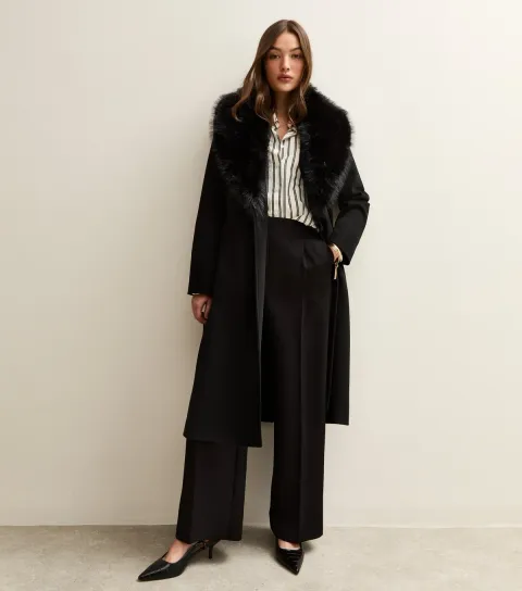 New Look Women's Black Faux Fur Collar Wrap Coat