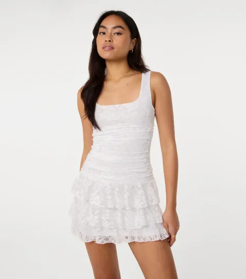 Women's Off White Lace Ruffle Mini Dress