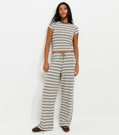 Women's Cream Cotton Rich Striped Wide Leg Jersey Trousers