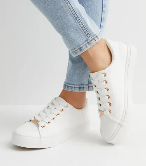 Women's White Leather-Look Metal Trim Lace Up Trainers Vegan