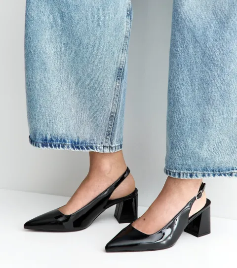 Women's Wide Fit Black Faux Patent Leather Slingback Pumps Vegan