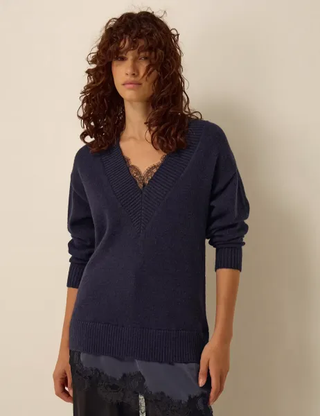Monsoon Lace Detail Regular Fit V Neck Jumper Navy