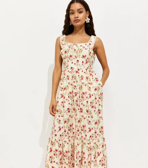 Women's Petite Cream Ditsy Floral Corset Tiered Midi Dress
