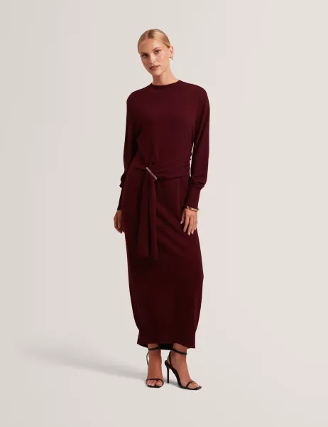 Wool Blend Drape Detail Midi Jumper Dress Burgundy