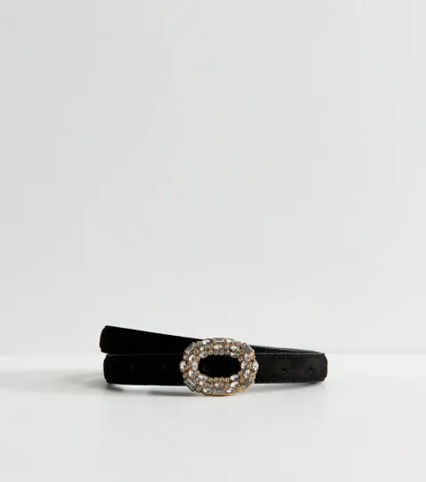 New Look Black Faux Suede Oval Diamanté Buckle Belt