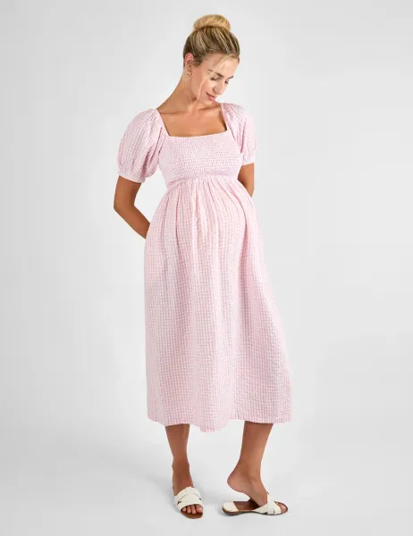 JoJo Maman Bébé Maternity Pure Cotton Gingham Midi Smock Dress Pink Mix