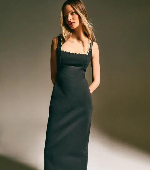 New Look Women's Black Faux Pearl Embellished Square Neck Midi Dress