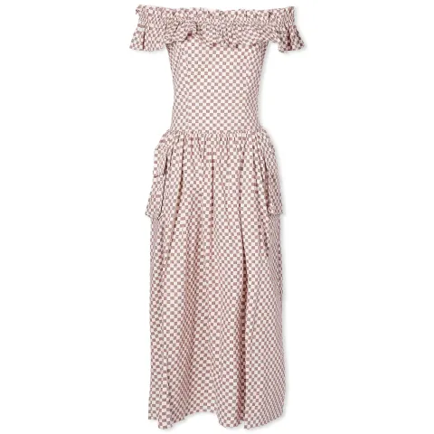 Off Shoulder Frill Pocket Check Midi Dress