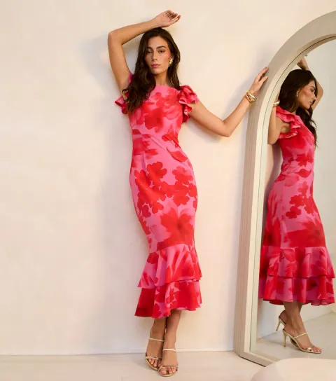 Women's Pink Floral Print Midaxi Dress