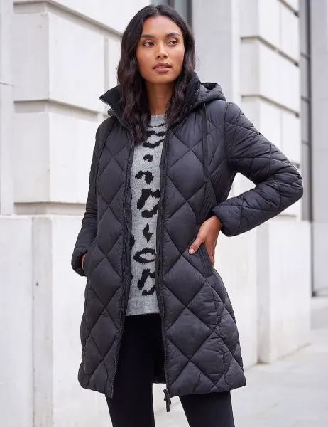 Roman Diamond Quilted Padded Hooded Coat Black