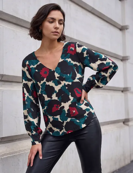 Roman Animal Print V Neck Top Teal Mix
