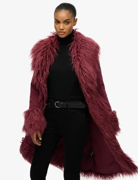 Superdry & Co Faux Fur Trim Longline Afghan Coat Purple