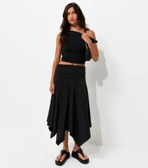 Women's Black Folded Waistband Handkerchief Hem Skirt