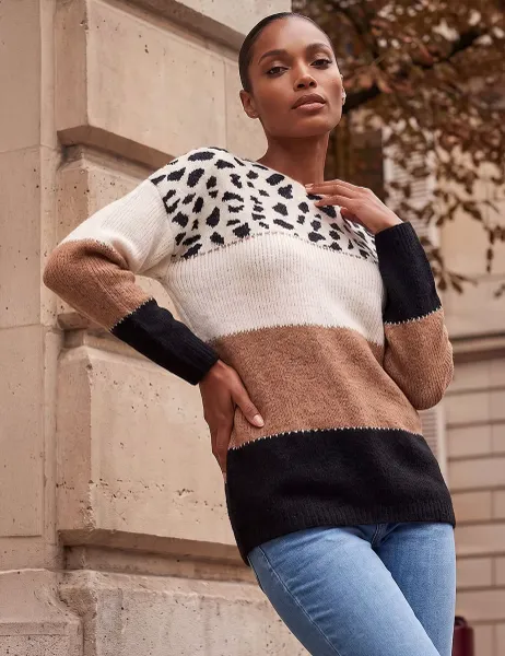 Roman Animal Print Colour Block Jumper Camel