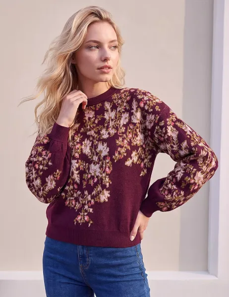 Roman Rayon Blend Floral Balloon Sleeve Jumper Burgundy Mix
